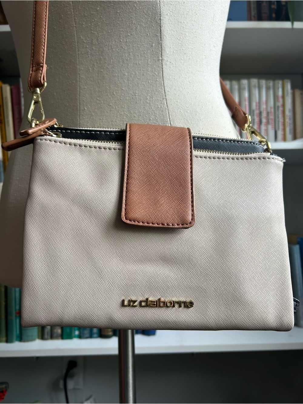 Liz Claiborne Cream and Tan Crossbody with Gold Logo
